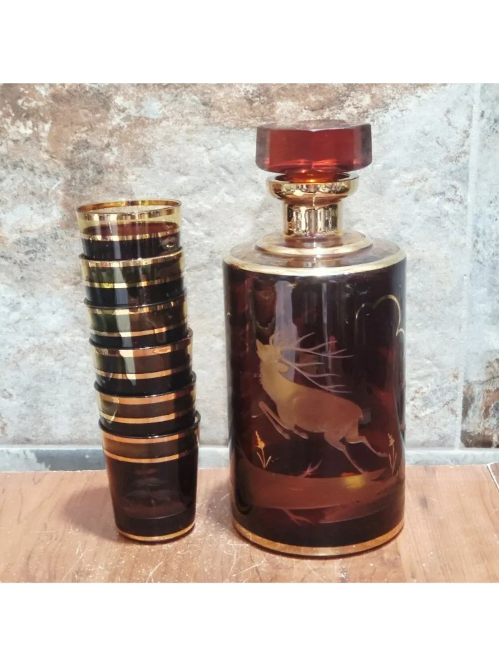 Vintage Bohemian Czech Amber Glass Decanter Etched Deer Stag Motif 24K Gold Trim